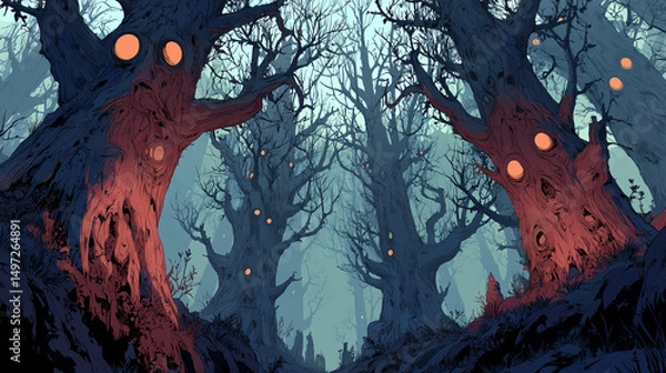 Fototapeta Dramatic Fantasy Forest With Glowing Red Trees And Mysterious Figures