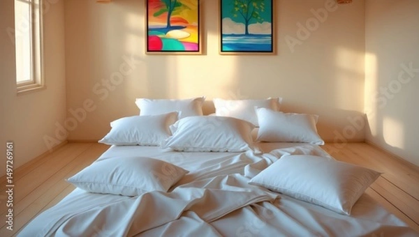 Fototapeta Bed without occupants, adorned with pillows and bedding