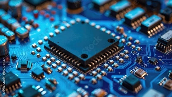 Fototapeta Printed Circuit Board in Blue Electronics
