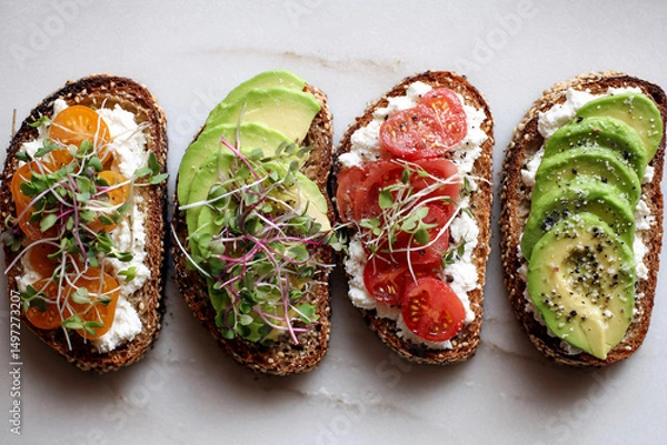 Obraz Open-faced sandwiches with avocado, tomato, and sprouts on slate  