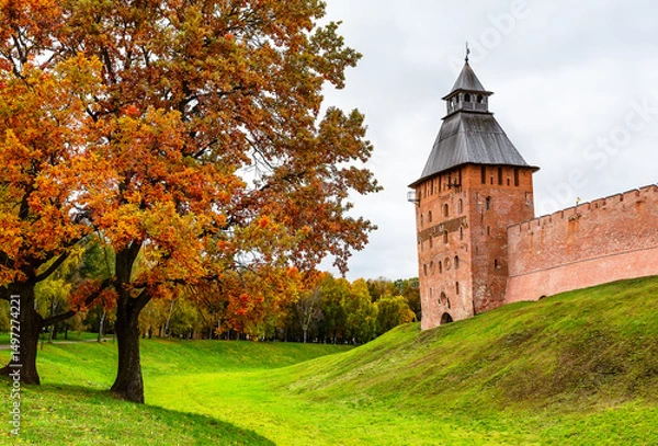 Fototapeta Autumn landscape with Novgorod Kremlin is fortress in Veliky Novgorod, Russia. Veliky Novgorod Kremlin in cloudy autumn day.