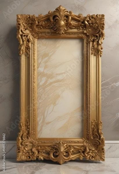 Fototapeta Ornate golden frame with intricate detailing rests on polished marble ,  artistic,  decoration,  decorative