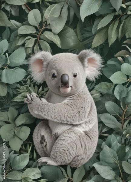Fototapeta Adorable koala joey nestled amongst eucalyptus leaves  Seamless repeat vector pattern , fabric, adorable animal