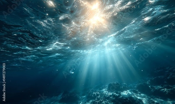 Fototapeta Calm subaquatic view bathed in light blue with sunlight streaming through the water above