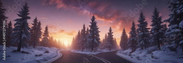 Fototapeta Snowy trees frame a road leading to a colorful sunrise, with the majestic Milky Way galaxy visible ,  picture,  journey, cosmic