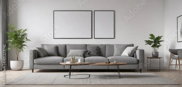 Fototapeta Grey couch, white wall, stylish posters  Modern living room ,  aesthetic,  trendy