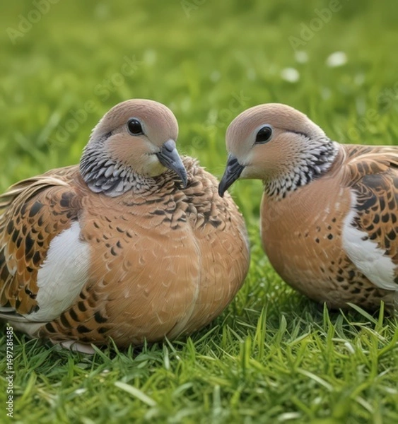 Fototapeta Close-up of two European turtle doves preening in vibrant green grass ,  wildlife,  vibrant