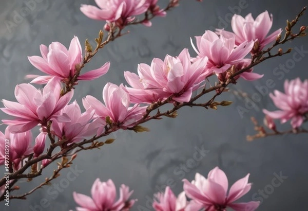 Fototapeta A graceful branch of vibrant pink magnolia flowers in full bloom , full bloom, lush