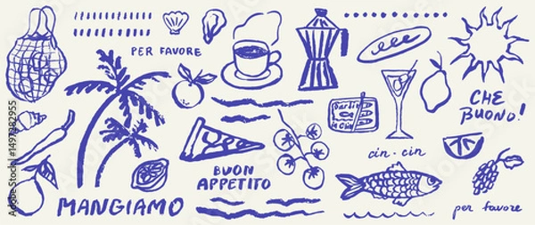 Fototapeta Italian style vacation hand drawn vector illustrations in grunge chalk or charcoal rough doodle sketch style. Summer vacation elements in ink simple style. Drawings for poster, placard or menu print.