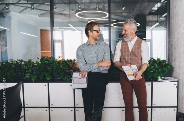 Fototapeta Two Caucasian businessmen, one young and one older with a gray beard, stand by office lockers holding charts, smiling and chatting casually in a modern, creative workspace