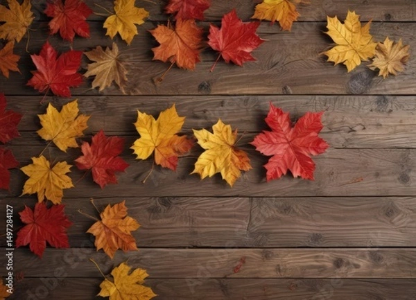 Fototapeta Crimson & gold maple leaves scattered on rustic wood grain , maple leaf, red leaves