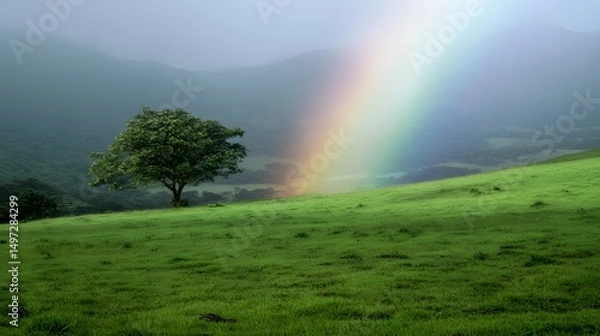 Obraz Serene Landscape: Lone Tree and Rainbow over Green Field