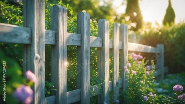 Fototapeta The smooth surface of a rustic wooden fence reflects sunlight, towering over the lush greenery and flowering plants around it.