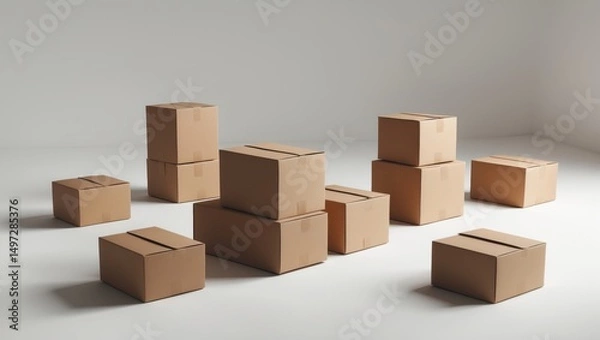 Fototapeta Group of cardboard boxes for shipping, isolated gift box against a plain background