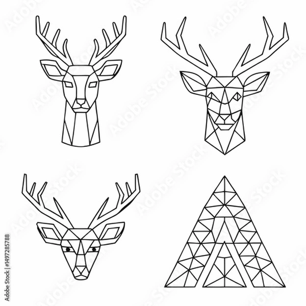 Obraz Christmas deer set: vector illustration of a black deer head silhouette with nature and tree art design