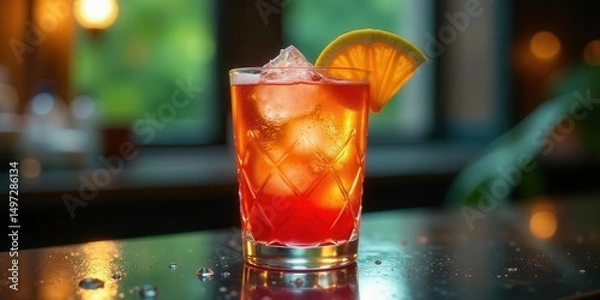 Fototapeta Refreshing Citrus Cocktail in a Diamond-Cut Glass on a Dark Surface