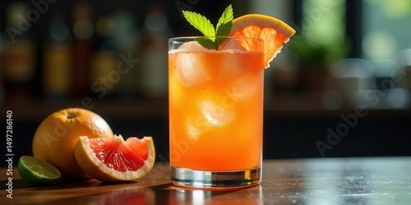 Fototapeta Refreshing citrus beverage with ice cubes in a tall glass garnished with a grapefruit slice and a sprig of mint on a wooden surface