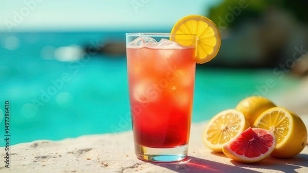 Fototapeta Refreshing Summer Beverage by the Poolside, with Citrus Garnish and Ice Cubes