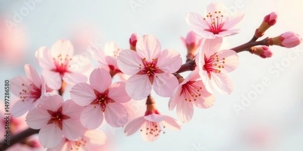 Fototapeta Delicate Pink Blossoms on a Branch in Soft Sunlight, a Symbol of Spring's Gentle Arrival