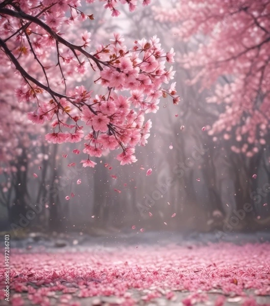 Fototapeta Mesmerizing pink sakura petal fall, soft focus background ,  season,  petals