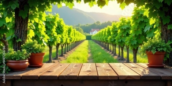 Fototapeta Serene vineyard landscape with a rustic wooden table displaying potted herbs in terracotta pots