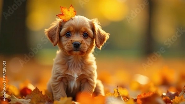 Fototapeta Adorable Puppy in Autumn Leaves A Golden Retriever Pup with a Maple Leaf Crown in a Sunlit Park Setting