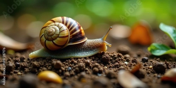 Fototapeta A land snail's slow journey across fertile ground, its spiral shell a testament to nature's artistry and the enduring beauty of the natural world