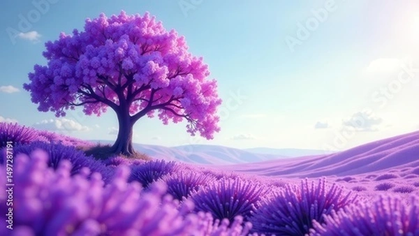 Fototapeta Serene Landscape A Single Blooming Tree in a Purple Field Under a Soft Sky