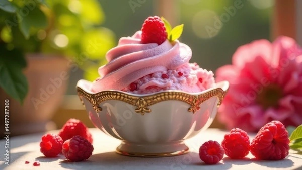 Fototapeta A delightful pink frozen dessert, swirled and adorned with fresh raspberries, rests in an elegant ornate bowl, surrounded by additional ripe raspberries, bathed in the soft glow of sunlight.