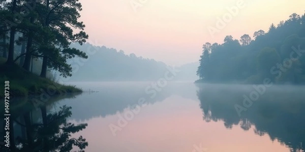 Fototapeta Serene dawn mist over a tranquil lake, reflecting the silhouettes of trees in a soft, ethereal light, creating a peaceful and dreamy atmosphere.