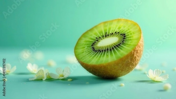 Fototapeta A vibrant half kiwi fruit rests on a teal surface, surrounded by delicate white blossoms, creating a refreshing and visually appealing image.