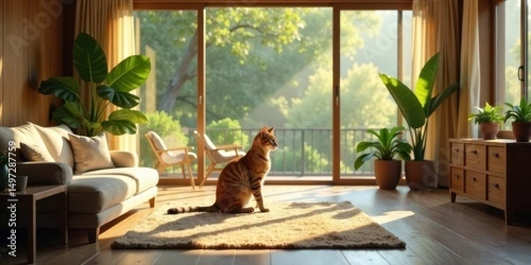 Fototapeta Serene Home Interior with a Relaxed Cat Basking in Sunlight Streaming Through Large Windows