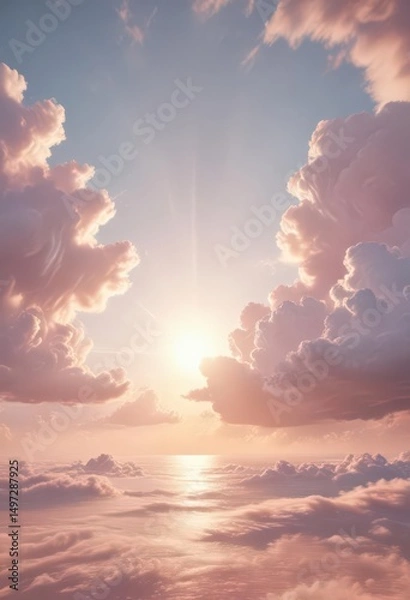 Fototapeta Soft pastel clouds surrounding a gentle sun, idyllic scene, summer, idyllic, peaceful