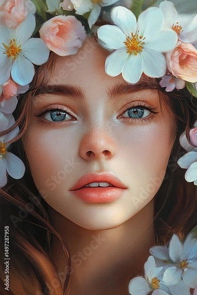 Fototapeta Close-up portrait of a girl with clear blue eyes and a crown of white and pink flowers.