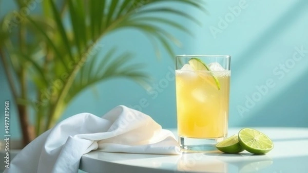 Fototapeta Refreshing Summer Citrus Beverage in a Glass with Ice and Lime Garnish on a White Table