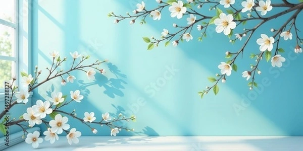 Fototapeta Serene Spring Blossoms Frame a Bright, Airy Room Setting with Sunlight Streaming Through a Window