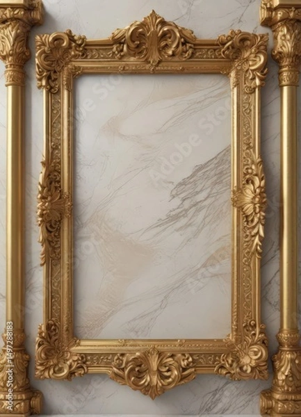 Fototapeta Intricate gold frame with carvings, polished marble surface,  shine,  image