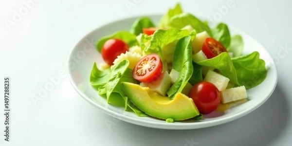 Fototapeta A Refreshing Salad with Avocado, Cherry Tomatoes, and Cheese Cubes on a White Plate
