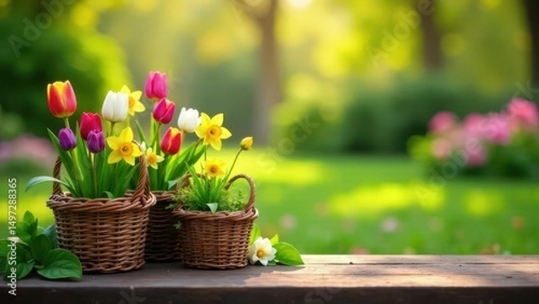 Fototapeta Vibrant spring blossoms in charming wicker baskets arranged on a rustic wooden surface, bathed in soft sunlight, creating a tranquil and picturesque scene of natural beauty.