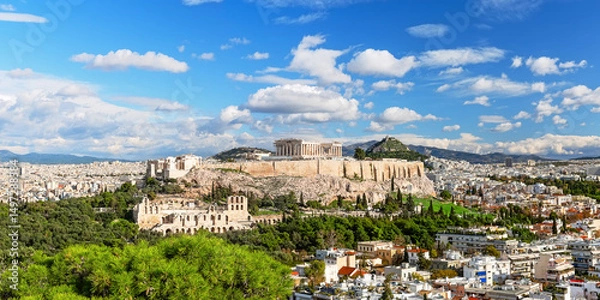 Fototapeta View of Acropolis from the Philopappos Hill in sunny day, Athens, Greece.