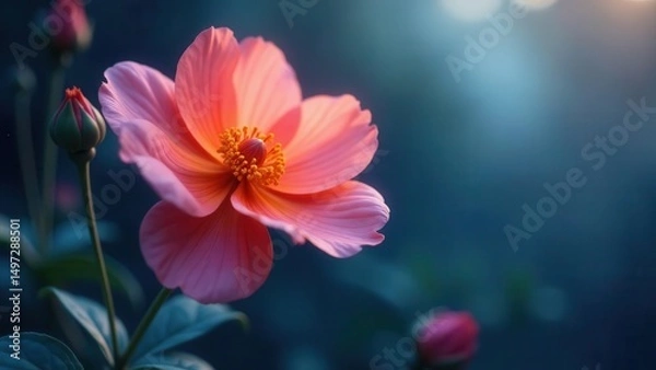 Fototapeta A Delicate Coral Blossom in Soft Light, a Single Flower Illuminated by the Gentle Glow of Dawn, Surrounded by Unopened Buds