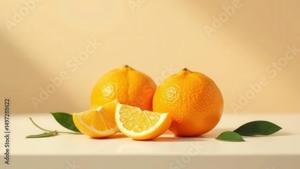 Fototapeta Two whole oranges and two orange slices on a white surface with green leaves against a light yellow background