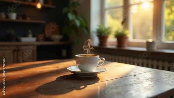 Fototapeta Warm Morning Coffee Steam Rising from a Cup on a Rustic Wooden Table by a Sunlit Window