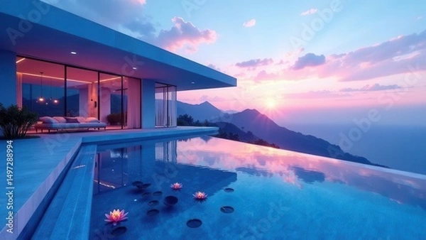 Fototapeta Serene Sunset Vista Modern Architectural Home with Infinity Pool and Tranquil Floating Flowers