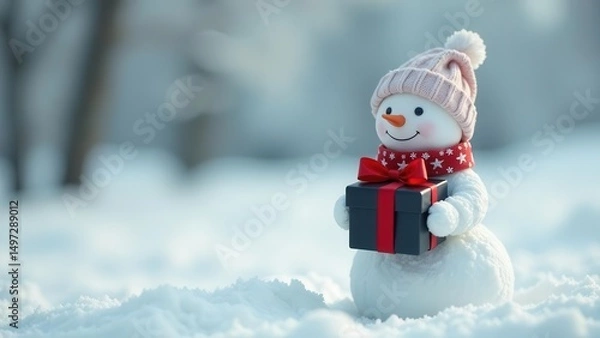 Fototapeta A charming winter scene featuring a festive snowman holding a wrapped present, perfectly symbolizing the joy and spirit of the holiday season.