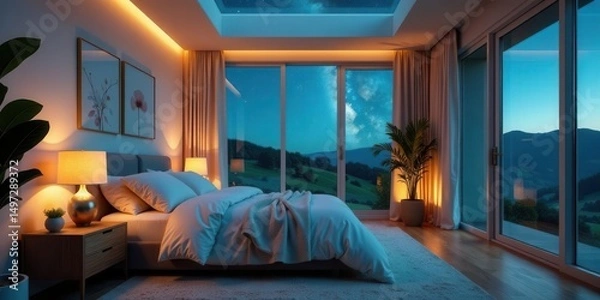 Fototapeta Serene Nighttime Bedroom Sanctuary with Starry Sky View and Soft Warm Lighting