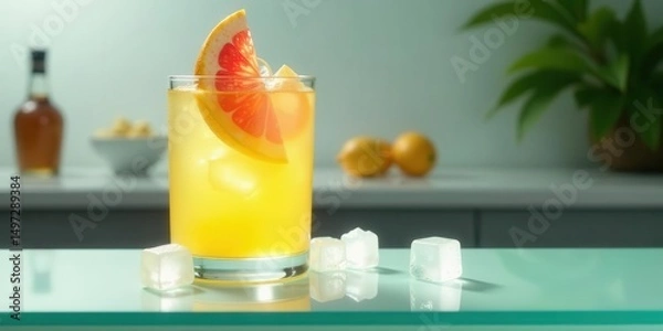 Fototapeta Refreshing Citrus Beverage with Ice Cubes on a Glass Surface