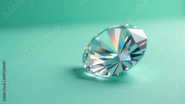 Fototapeta A brilliant, multifaceted gemstone rests on a smooth, aqua surface, its facets capturing and reflecting light, showcasing its exquisite clarity and intricate design.