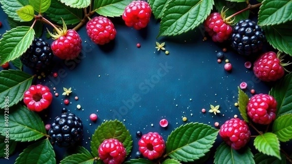Fototapeta A vibrant arrangement of summer berries, showcasing plump raspberries and blackberries nestled amongst lush green leaves, forming a captivating border around a deep blue background.