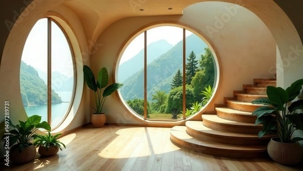 Fototapeta Serene Interior Design  Wooden Staircase Ascending Towards Panoramic Mountain Views Through Circular Windows